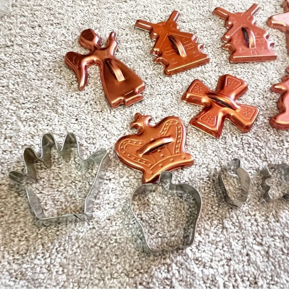 Mixed Copper Silver Metal Christmas Cookie Cutters Leaves Angel Retro Lot of 19